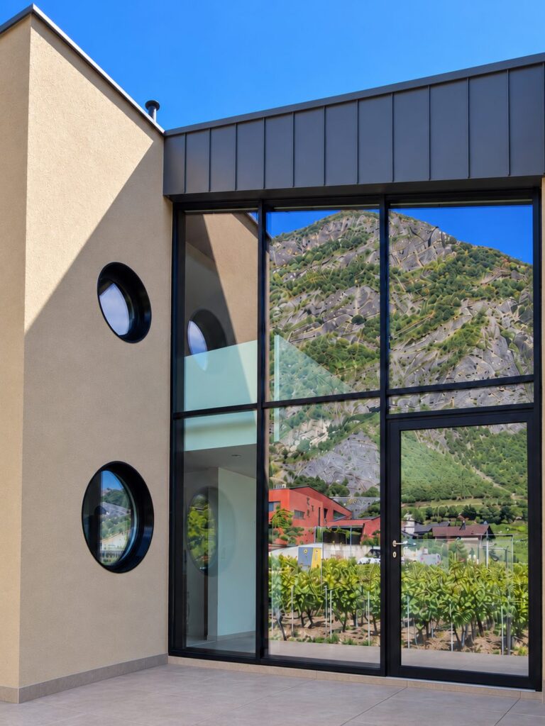 Façade vitrée en aluminium et hublots ronds face aux vignes