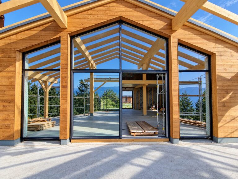 Façade vitrée en aluminium sous une charpente en bois